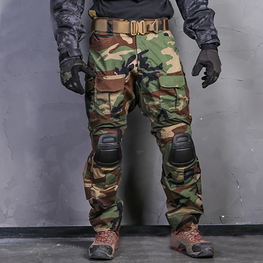 Мужские тактические армейские штаны Bdu G3 Bdu Military армейские штаны с накладками Мультикам MCBK синий охотничий камуфляж - Цвет: Woodland Camo