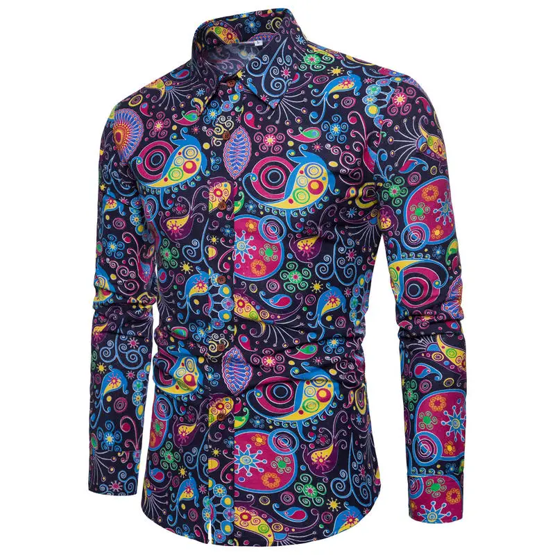 2021 NEW Men Long-Sleeved Shirt Fashion Flower Printed Shirt Hawaii Leisure Vacation Men's Club Clothing 22 Color 4XL 5XL