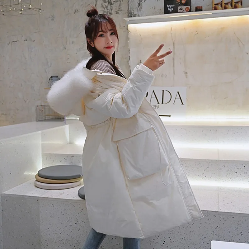 

FMFSSOM 2020 Winter New Female long Duck Down Coat Real Raccoon Fur Hooded Parkas Big Pocket Casual Warm Jackets Green Outwear