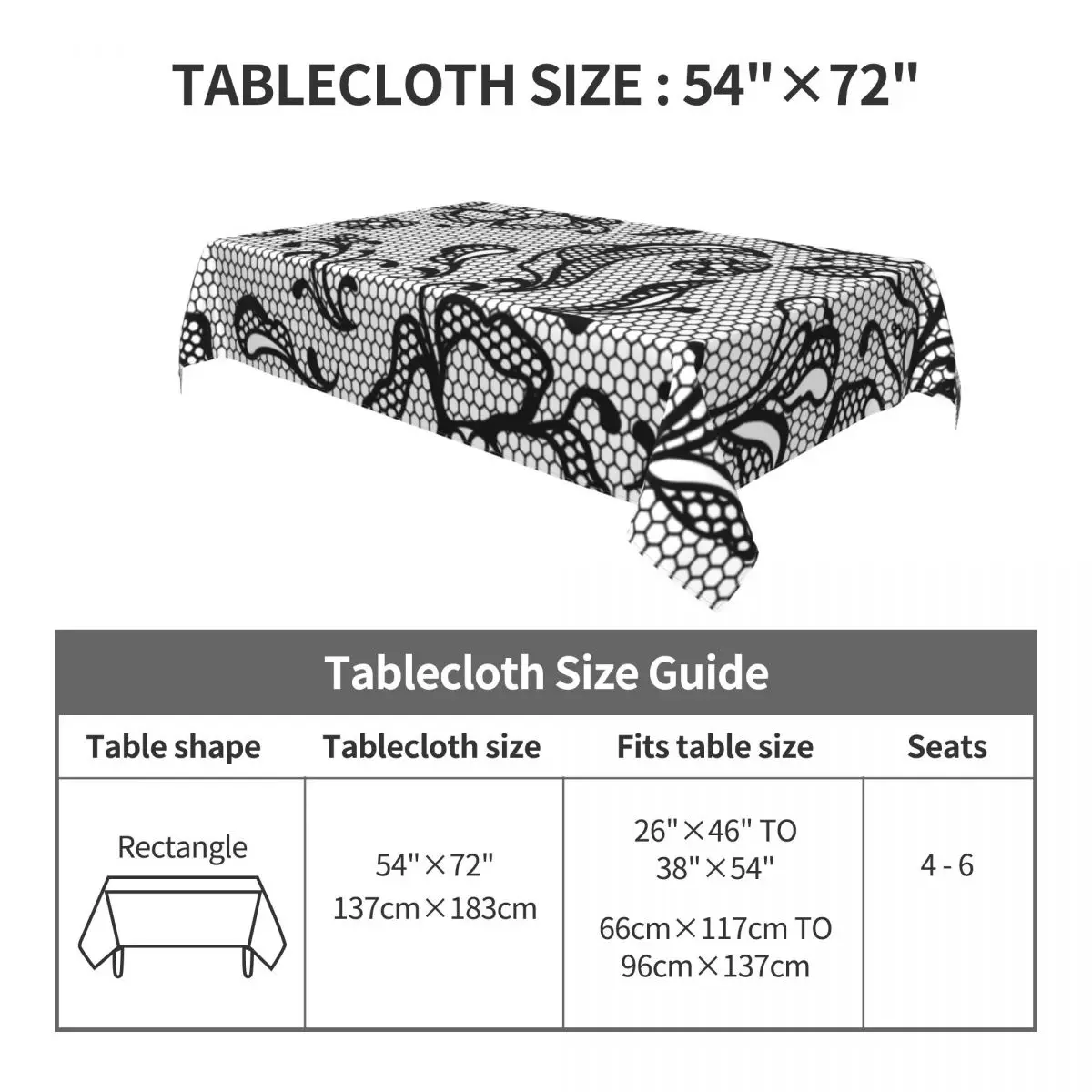 Черная кружевная скатерть на белом фоне прямоугольная для журнального столика