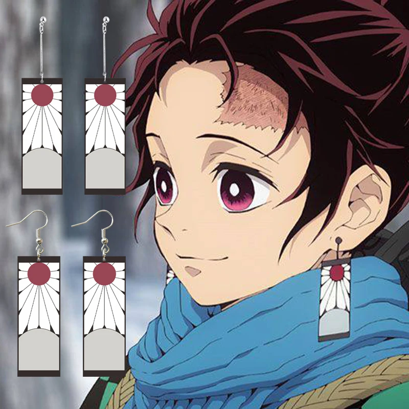 Accesorios de Cosplay de Anime japonés Demon Slayer, 1 par de pendientes, Kimetsu No Yaiba Tanjirou