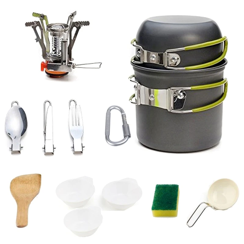 

1Set Outdoor Pots Pans Camping Cookware Picnic Cooking Set Non-Stick Tableware with Stove Spoon Fork Knife Kettle for 1-3 Person