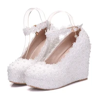 new women pumps shoes lace appliques pearl wedges buckle strap 10 8cm high heels round toe wedding lady party female shoes plus