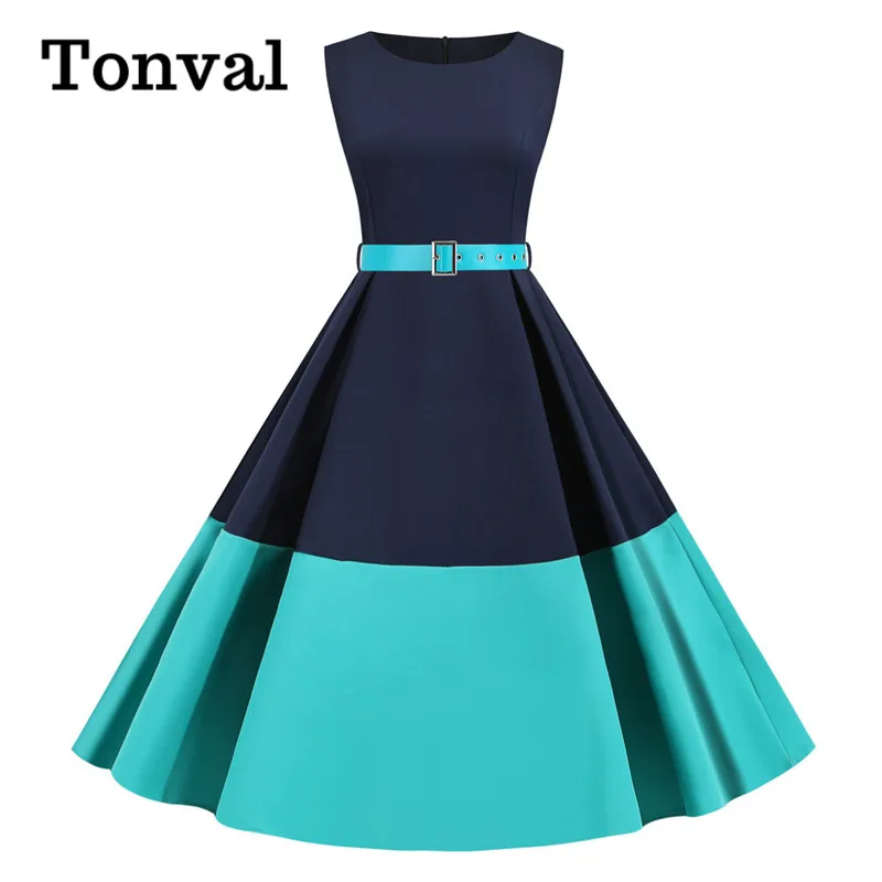 Женское летнее платье халат Tonval темно синее и бирюзовое винтажное без рукавов с