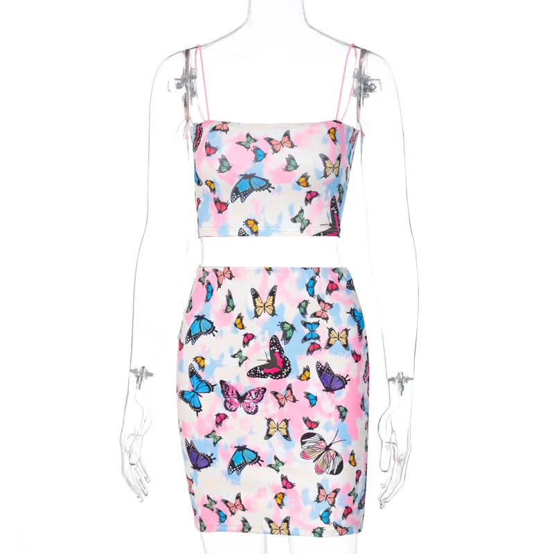 

European and American women's new fall 2020 fashion street auction hot butterfly print suspender wrapped skirt two piece suit