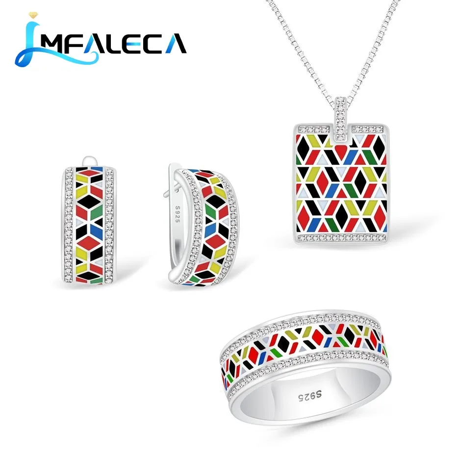 

LMFALECA Topaz Fine 925 Silver Sterling Jewelry Sets for Women White Zircon Multicolor Enamel Clip Earrings Ring Necklace