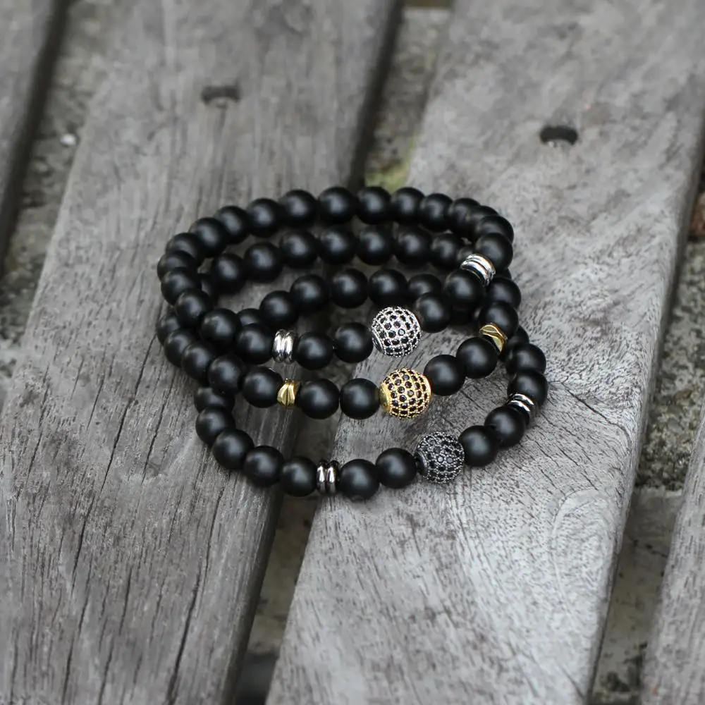 Мужской Эластичный браслет черный 8 мм с микроинкрустацией 10 из черного/белого