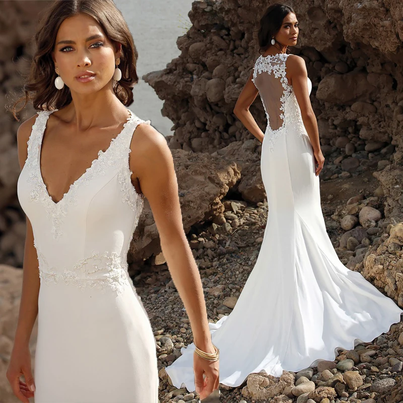 

Elegant Mermaid Wedding Dresses V Neck Sleeveless Appliques Satin Sweep Train Bridal Long Gowns White Summer Dress 2021 Vestidos