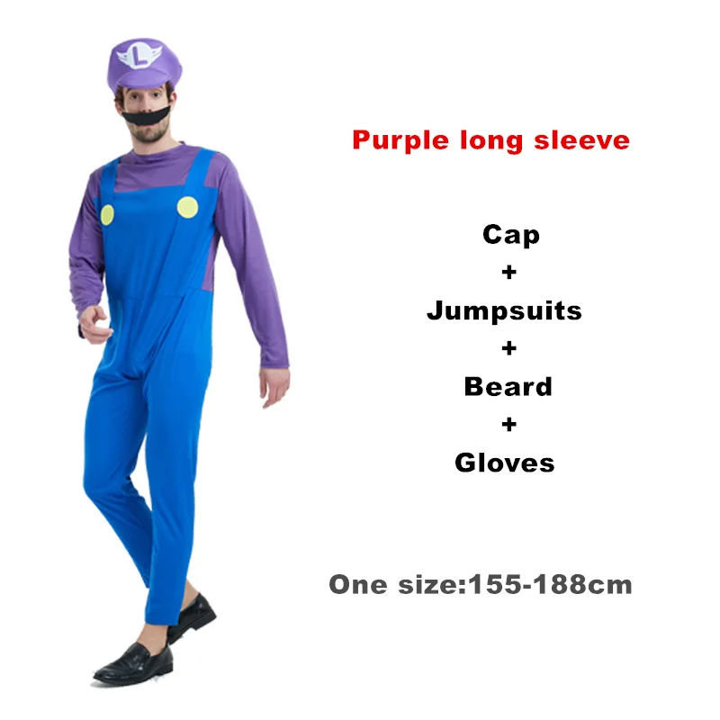 Purple long sleeve Взрослый Хэллоуин Супер Марио Детский костюм косплей семья Funy Luigi Bros сантехник Пурим костюм нарядное платье Рождественские Вечерние - Цвет: Purple long sleeve