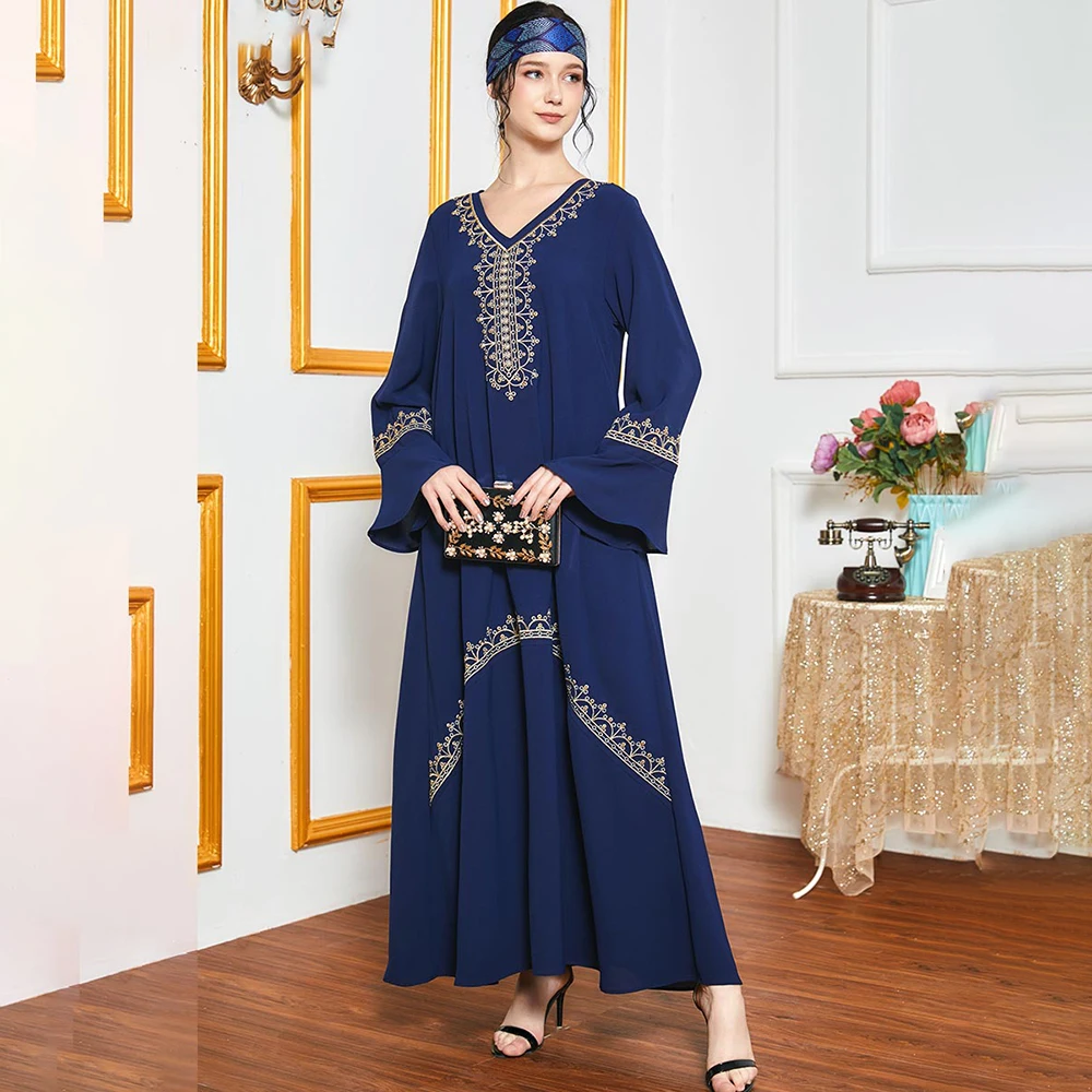 Мусульманское платье, платье с вышивкой, новый стиль, женское темпераментное французское женское синее платье-труба с длинным рукавом, Abaya, ...