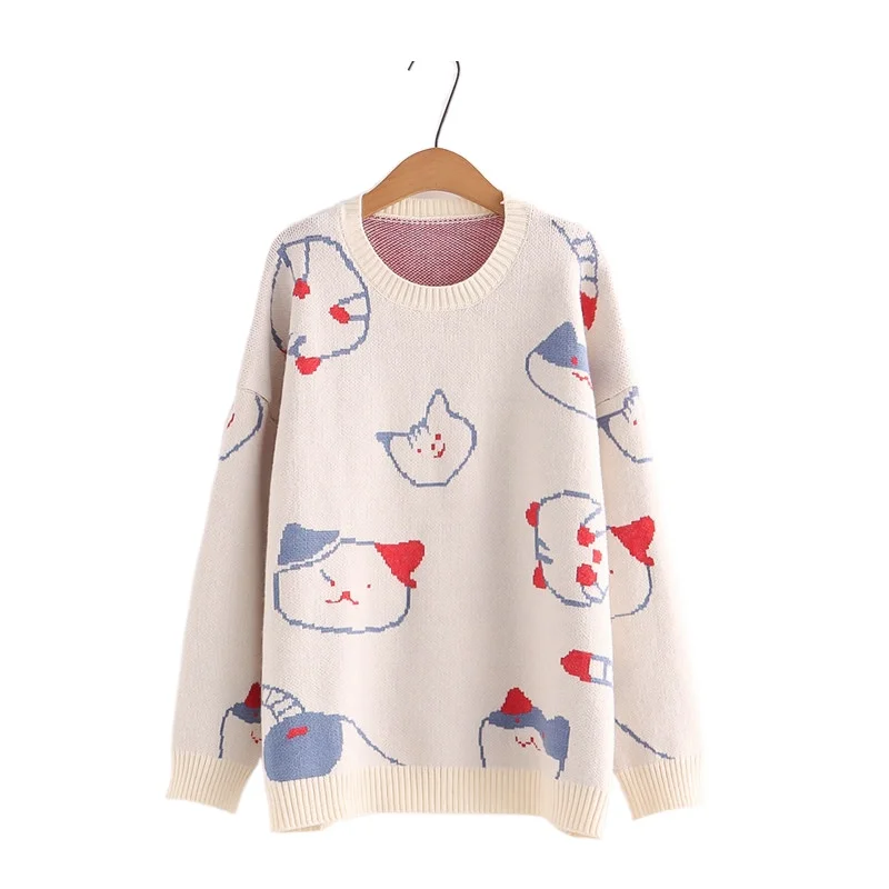 

Cartoon Cat Embroidery Jacquard Women Knit Pullovers Sweaters 2021 Winter Warm Korean Fashion Girly Sweet Style Cute Soft Tops