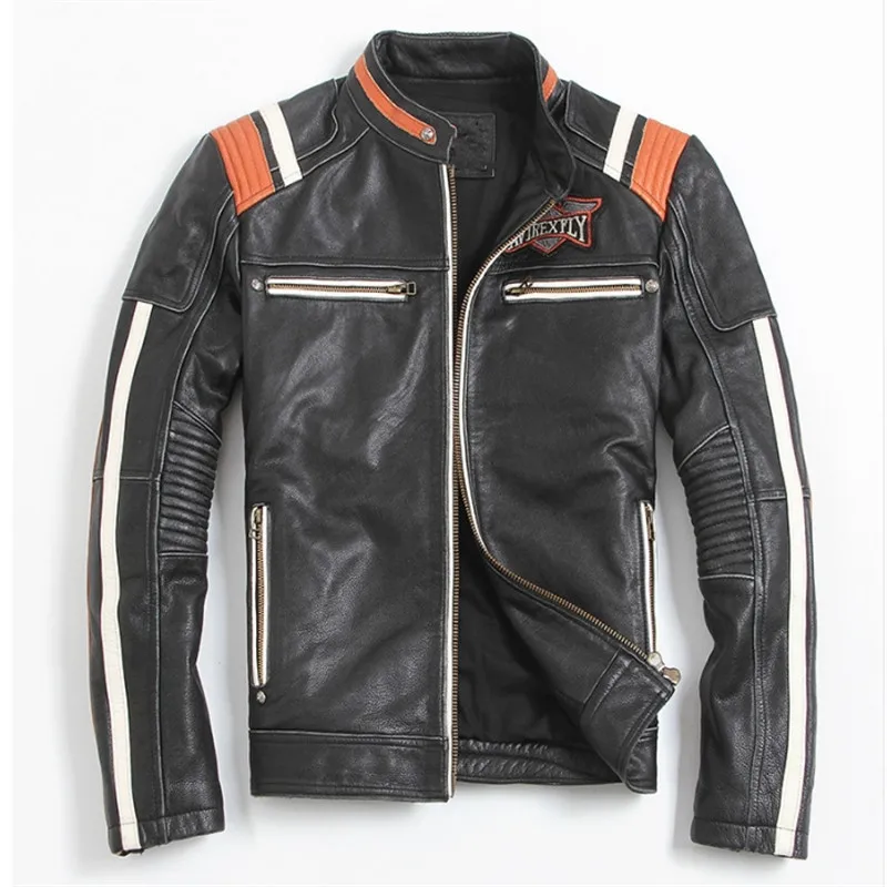 Осень в винтажном стиле Цвет Черный Кожаная мужская обувь мотоциклиста куртка