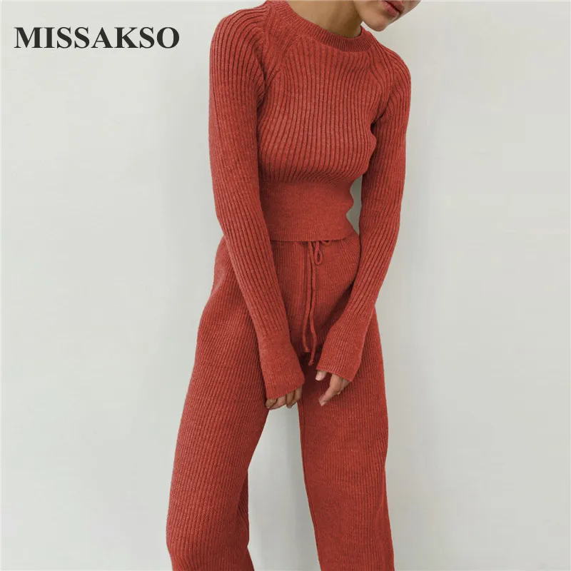 

Missakso Winter Women Sweater Two Piece Set Lace Up Streetwear Solid Long Sleeve O Neck Fashion Knitted Top Wide Leg Pants
