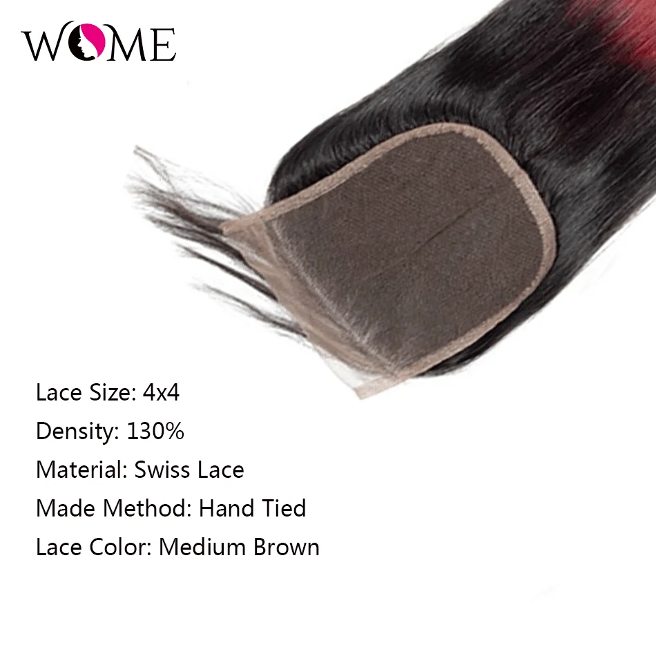 

Wome 1B Burgundy Bundles With Closure Straight Ombre Human Hair Brazilian Pre-Colored Ombre 4 Bundles With Closure