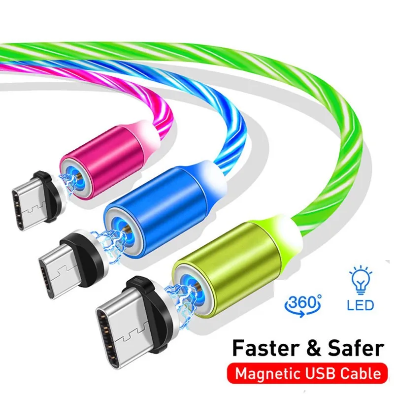 Движущаяся светодиодный кабель для передачи данных, магнитный usb-кабель для iphone 7 8 plus, зарядное устройство для samsung A10 M10 A80 A60 M20 Micro type C