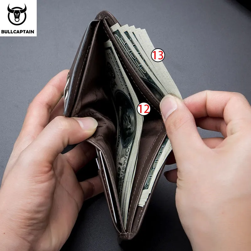 Мужской кожаный бумажник Bullcaptain коричневый короткий кошелек с отделением для