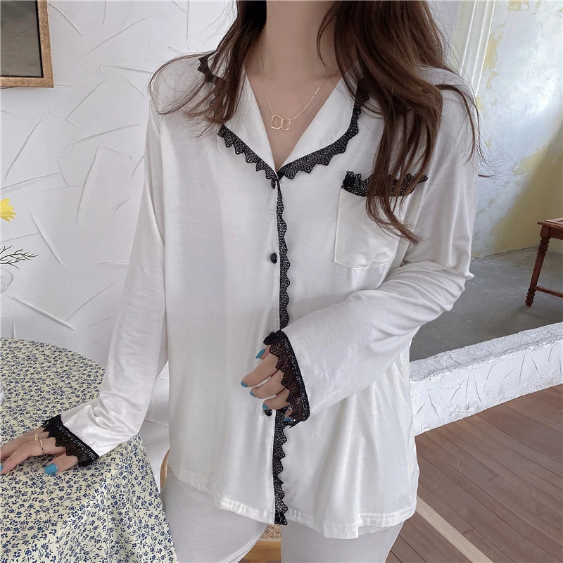 

Alien Kitty 2021 New Two Pieces Suit Gentle Korean Solid Spring Nightwear Soft Casual Loose Fashion Long Sleeves Pajamas Set