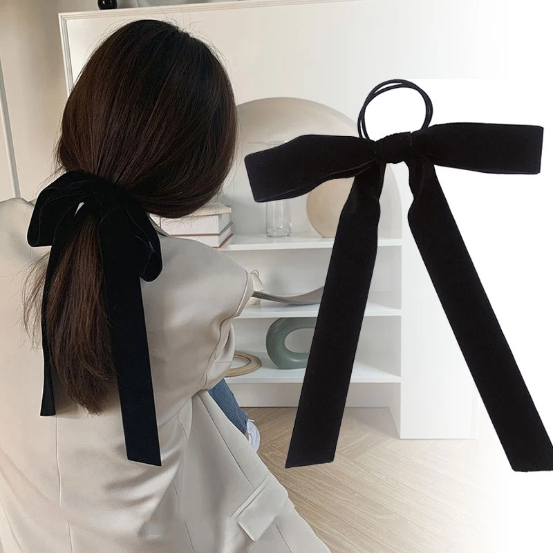 

French Grace Slouchy Ribbon Black Velvet Hairs Bow Stretch Hair Tie Women Elegant Hair Ring Fashion Girls Hair Accessories