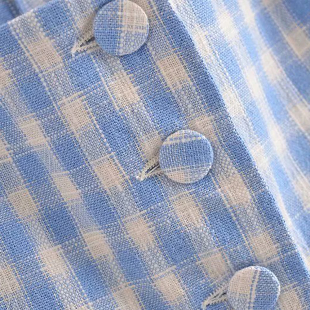 

ZA2021 European and American summer women's blue square collar retro plaid short-sleeved slim cardigan short top shirt blouse