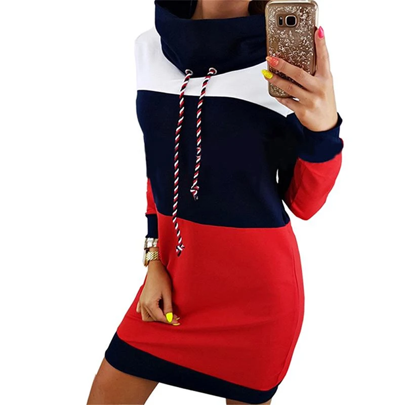 

Women Winter Turtleneck Long Sleeve Hooded Plus Size 2020 Autumn Striped Colorful Hoodie Dress Sweatshirt Dress