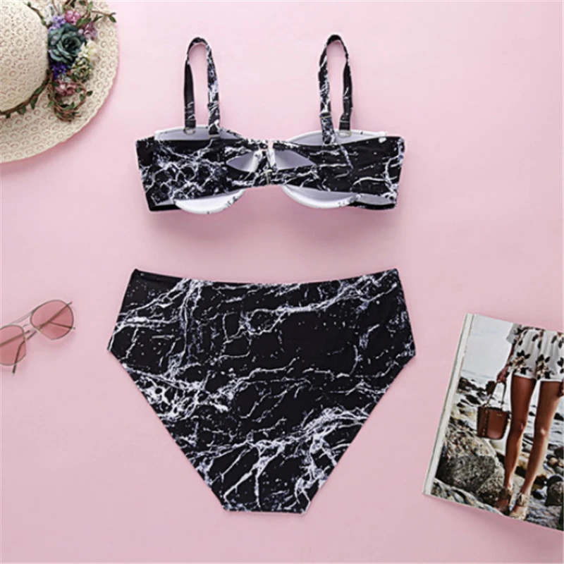 

Plus Size Bikini Set 2021 Hot Selling Sexy Ink Printing Color Matching High Waist Backless Split Swimsuit for Women K