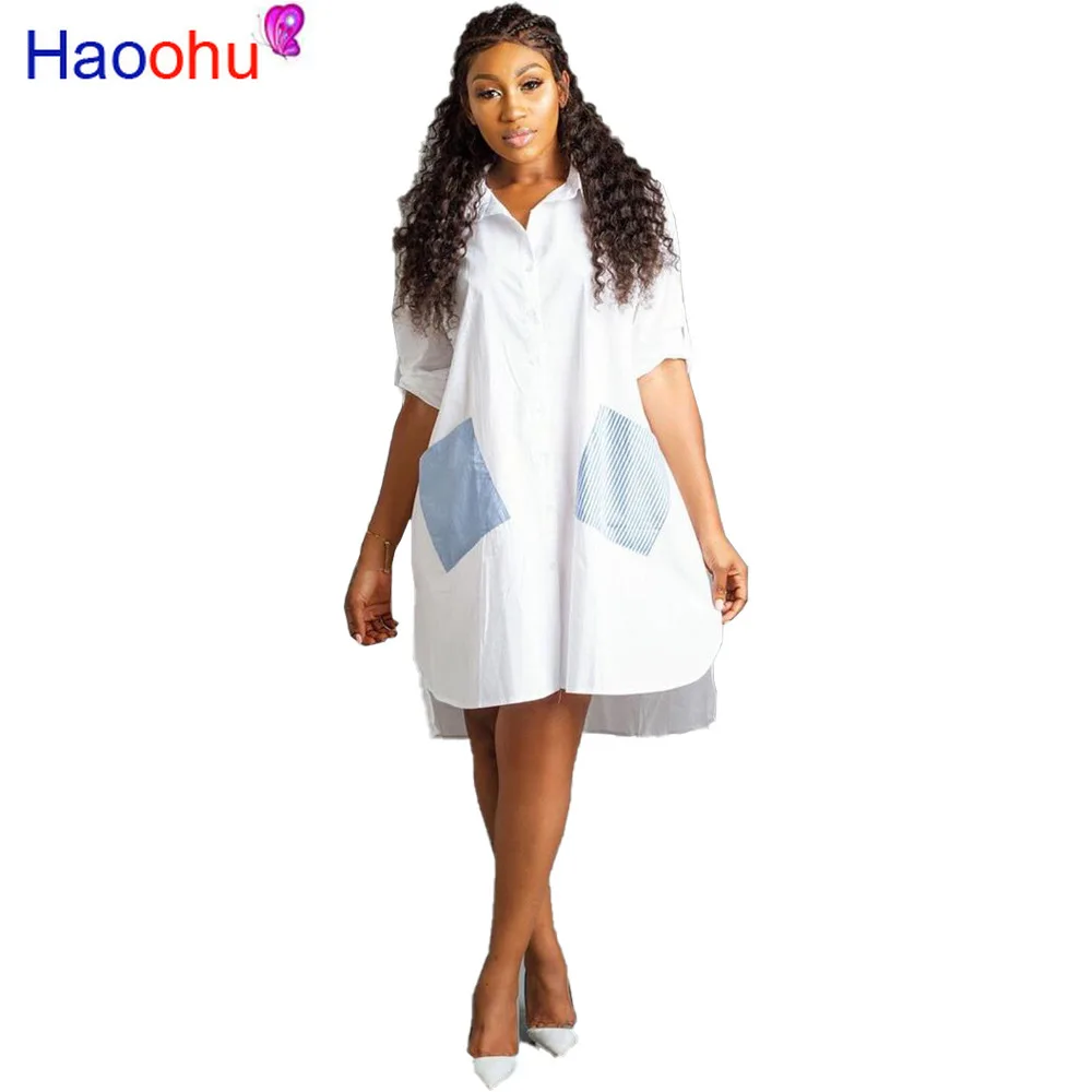 

Buttons Up Plus Size Knee-length Shirt Dress Women Turn-down Collar Pockets Patchwork Summer Short Sleeve Loose Irregular Casual