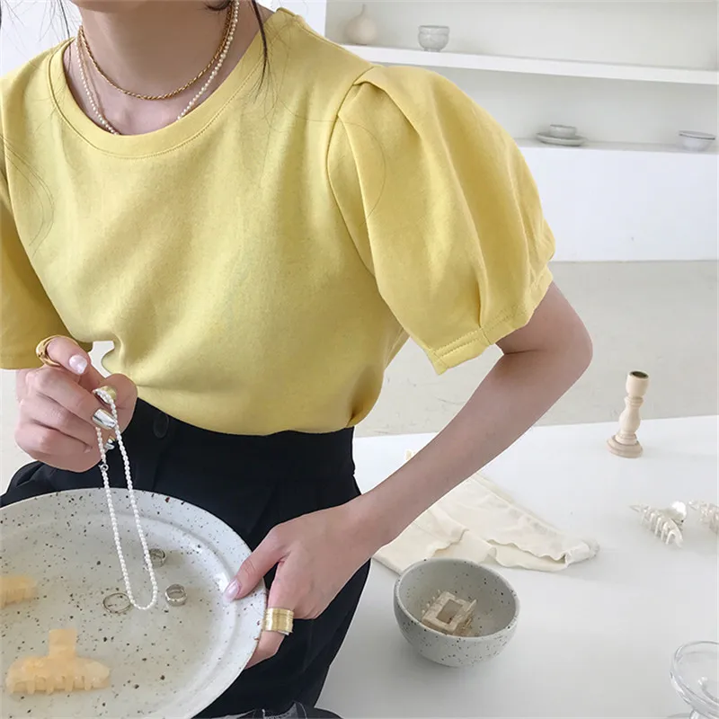 

CBAFU Puff Sleeve Summer T-Shirts Women Solid Cotton O-Neck Loose Casual Shirts Harajuku Basic Top Tees White Streetwear F452