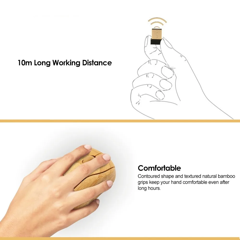 2 4G Беспроводная оптическая бамбуковая мышь 3 Регулируемая dpi компьютерная с