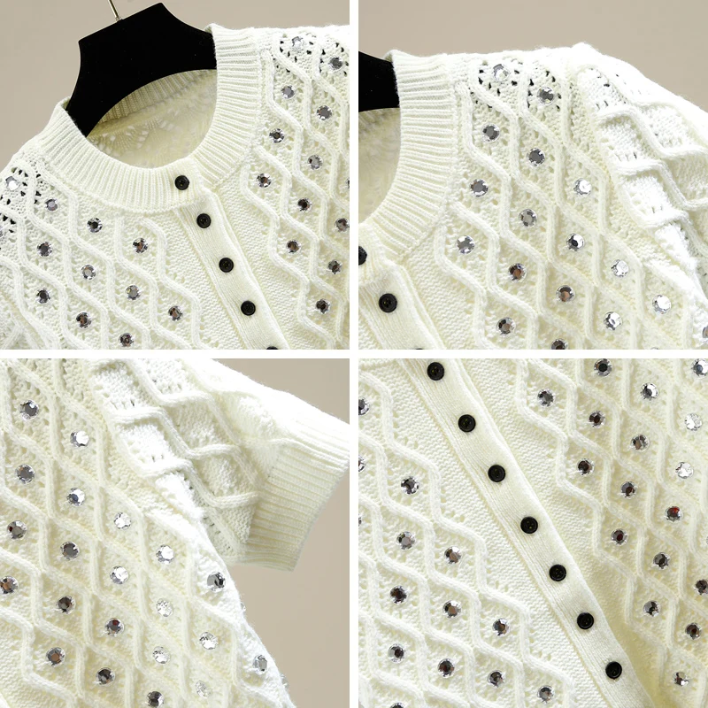 

Female Summer New Luxury Brand Designs Cardigan T-Shirt Women Hollow Out Diamonds O-Neck Short Sleeve Tees Sweet Slim Tops