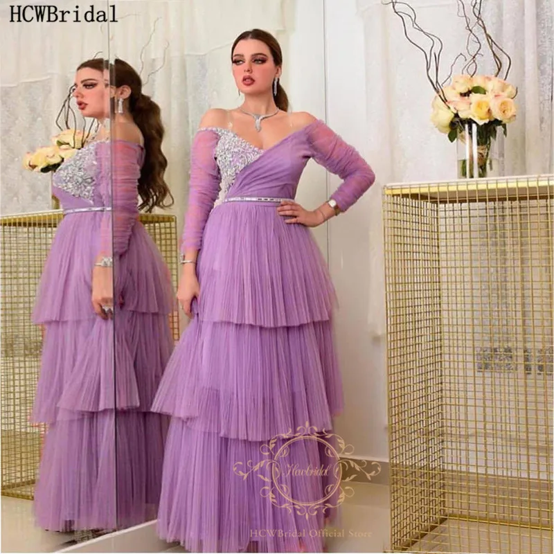 Лавандовое вечернее платье с длинными рукавами Среднего Востока элегантные