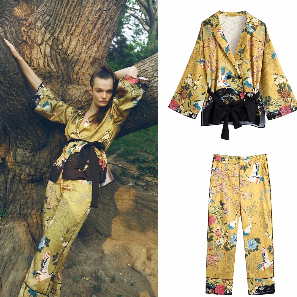 Новинка Лето 2021 женская одежда Unizera в европейском и американском стиле ретро с поясом рубашка с принтом и расклешенные брюки