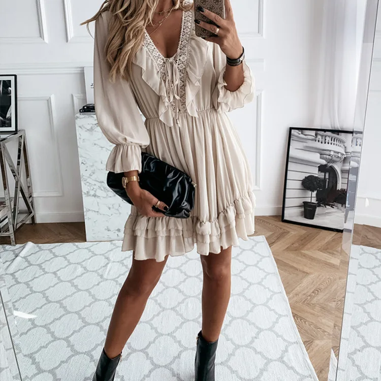 

Sexy Lace Women's Party Dress Elegant Long Sleeve Ruffle Chiffon White Dress Summer V Neck Ladies Wedding Clothing 2021