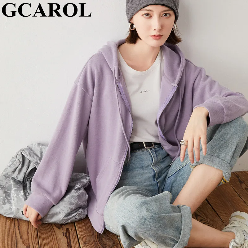 

GCAROL Women Zip UP Cotton Hooded Drawstring Pants 2 Pcs Sets Drop Shoulder Loose Sweatshirt Autumn Winter Sports Tracksuits