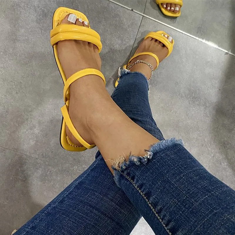 

Women Slippers Summer Sandals Plus Size Square Toe Ladies Fashion Flats PU Woman Footwear Two Wear Female New Slip On 2021