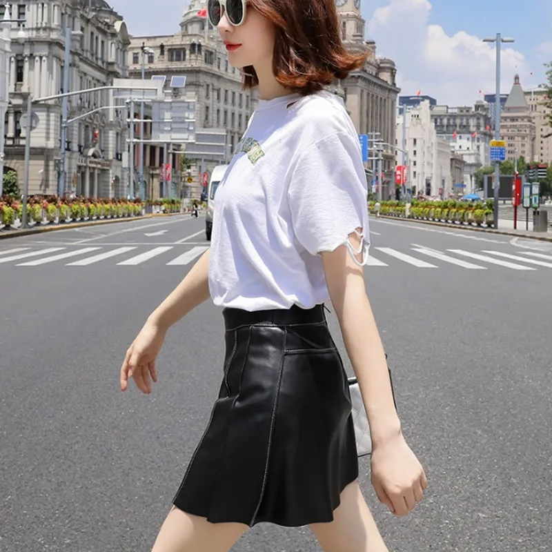 2020 осень зима натуральная кожа А-силуэт юбка Женская Овчина Высокая талия