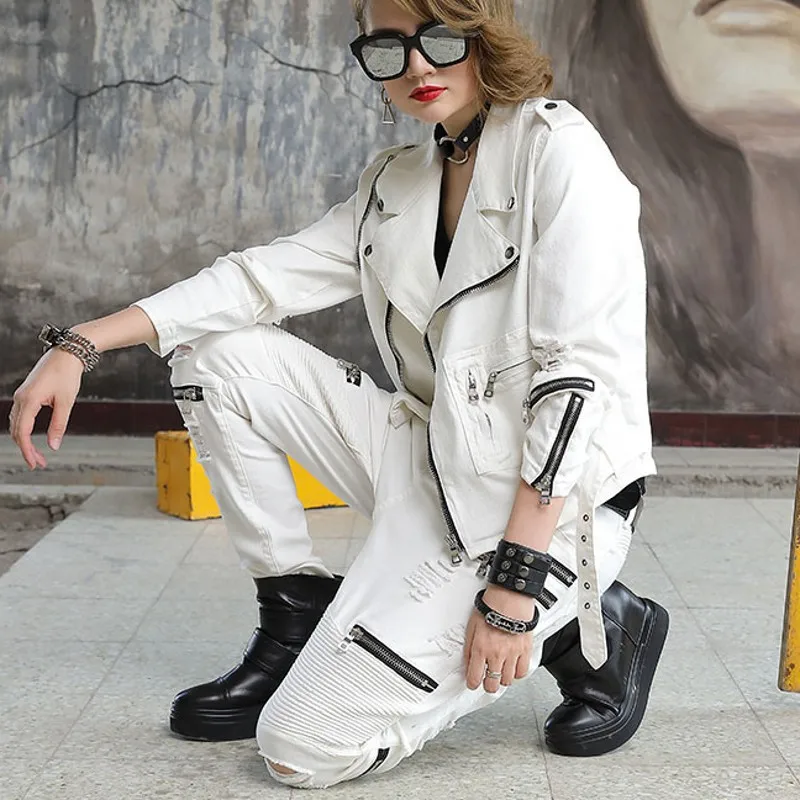 

Fashion Women White Denim Two Piece Set Jacket Hole Ripped Zippers Jeans Harem Pants Biker Outfits Slim Fit Coat Streetwear Sets