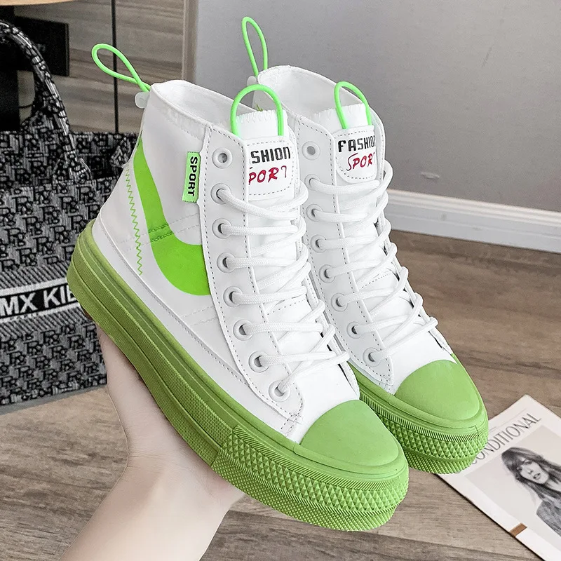 

Leather Female Sports Running Shoes Breathable Anti Slip Vulcanized Leisure High Top Skateboard Shoes Platform Sneakers