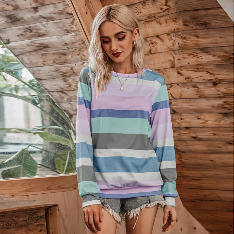 

Ladies Tops For Women 2021 New Spring Summer Casaual Fashion Ladies Tops For Women Print Stripe O Neck Female Shirt