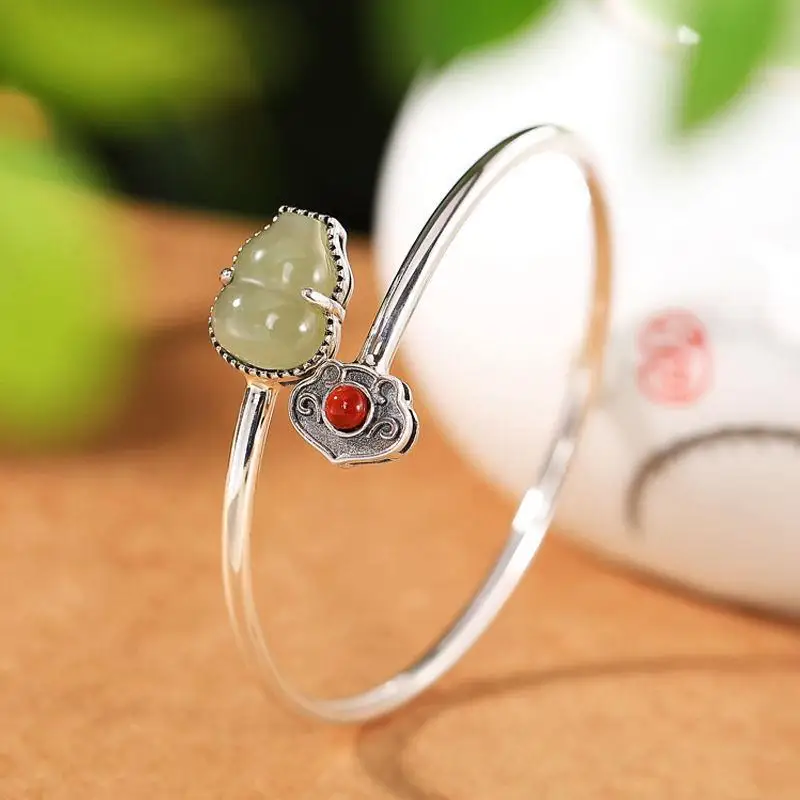

Original Craft S925 Sterling Silver Inlaid Natural Hetian Jade Gray Jade Ruyi Gourd Ladies Open-End Bangle Bracelet