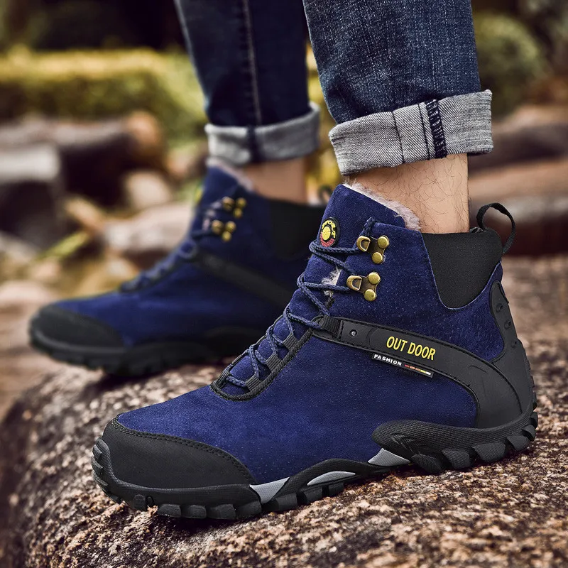 2021 Warm Fur Men Winter Hiking Boots Trekking Shoes High Quality Outdoor Man Mountain Shoes Waterproof Hiking Man Walking Shoe