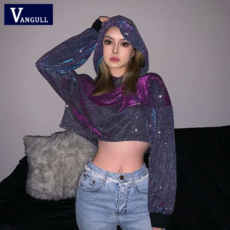 

Vangull Bright Laser Silk Hooded Hip-Hop Waist And Navel Women's Loose Cool Dance Nightclub Party Thin Crop Short Top