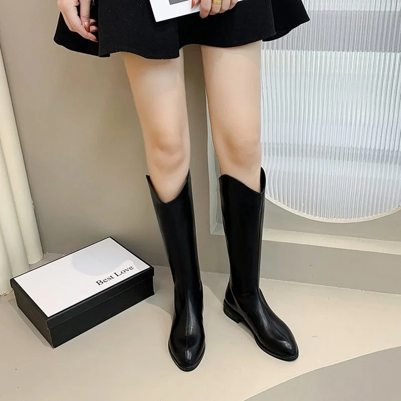 

Женские теплые сапоги выше колена, черные высокие сапоги на плоской подошве с пряжкой, обувь больших размеров 33-43, для зимы, 2021