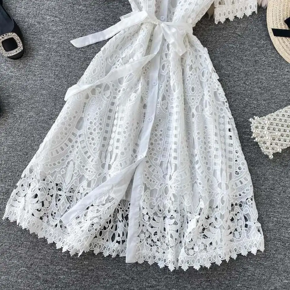

Chic Solid Color Lace Short Sleeve Ruffles Swing Dress for Women Summer Sundress Casual V Neck High Waist Chiffon Beach Dresses