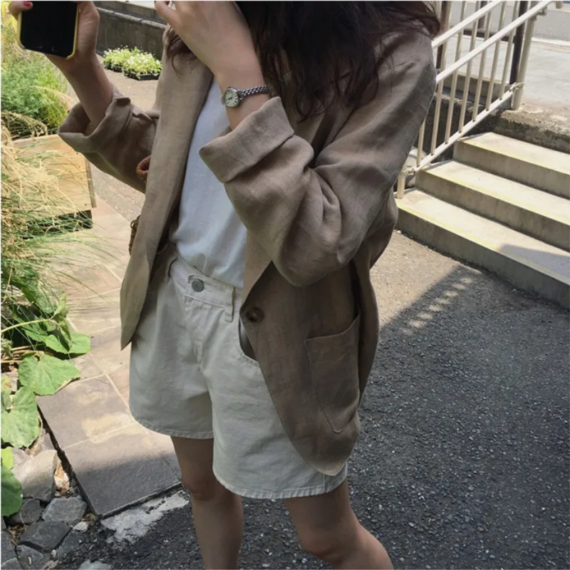 

Women Summer Cotton Linen Notched Collar Jacket Vintage Coat Single Button Casual Chaqueta Mujer Pocket Veste Femme