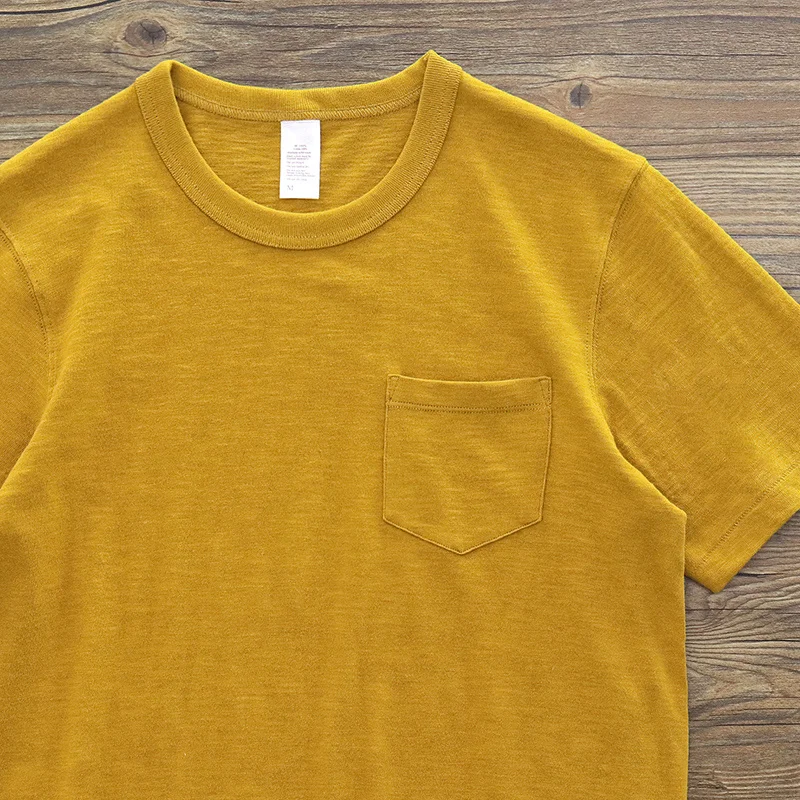 

High Quality Slub Cotton Tshirt For Men Summer Vintage Solid Color Casual Loose Pockets Breathable Thin Short Sleeve Male Tops