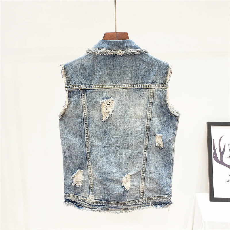 Summer Fashion Beading Diamonds Flowers Waistcoat Women Denim Vest Frayed Holes Sleeveless Jacket Female Slim Short Jeans | Женская