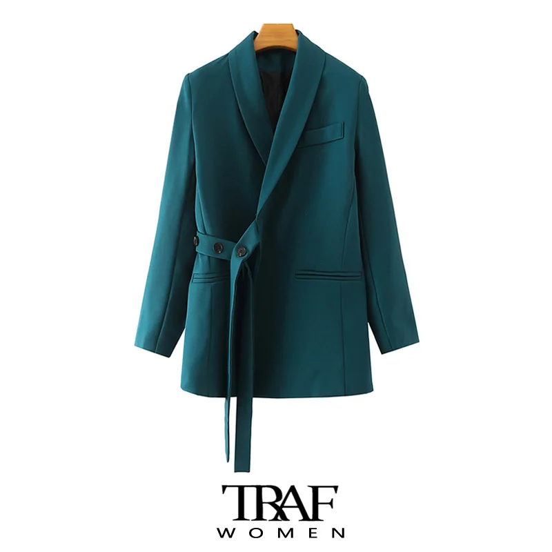 

TRAF Women Fashion With Belt Irregular Blazer Coat Vintage Long Sleeve Welt Pockets Female Outerwear Chic Veste Femme