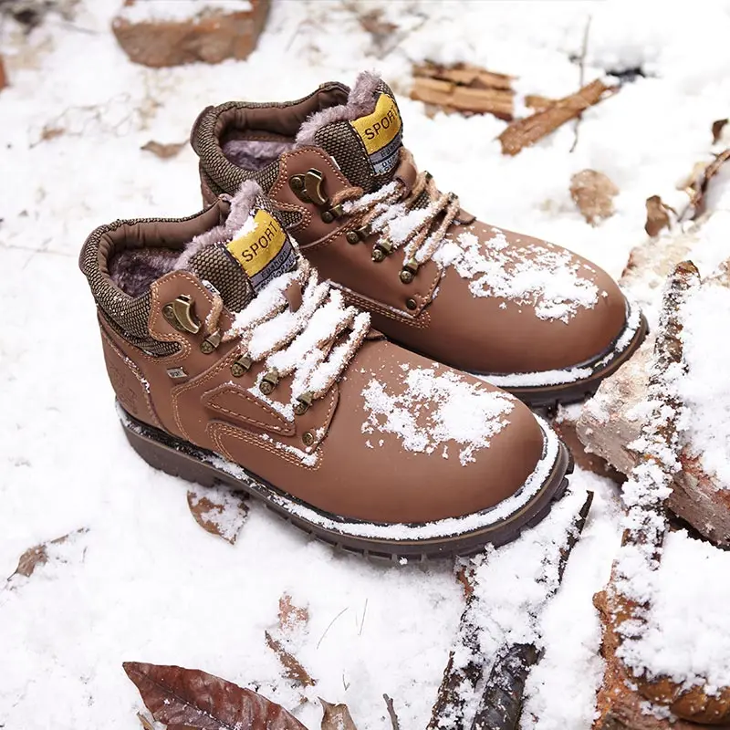 Модные кожаные ботильоны Мужская зимняя теплая плюшевая повседневная обувь в