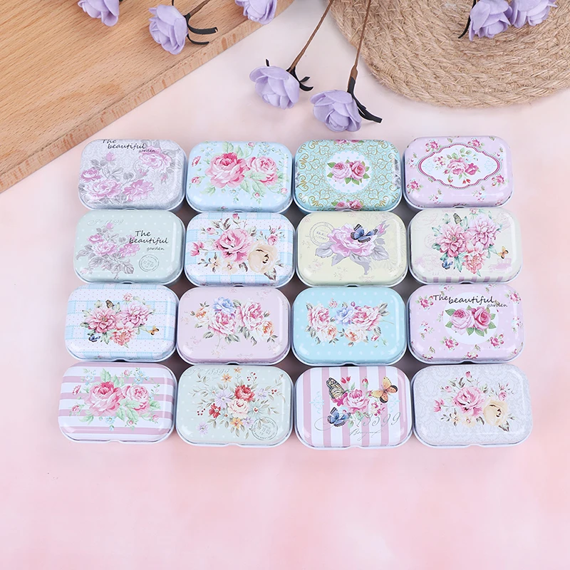 

Mini Flower Tin Trinket Jewelry Coin Box Tinplate Storage Case Small Rectangular