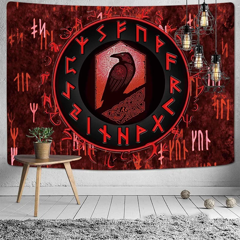 

FFO Viking Raven Tapestry Mysterious Tarot Meditation Psychedelic Runes Art Wall Hanging Blanket For Picnic Mat Beach Towel